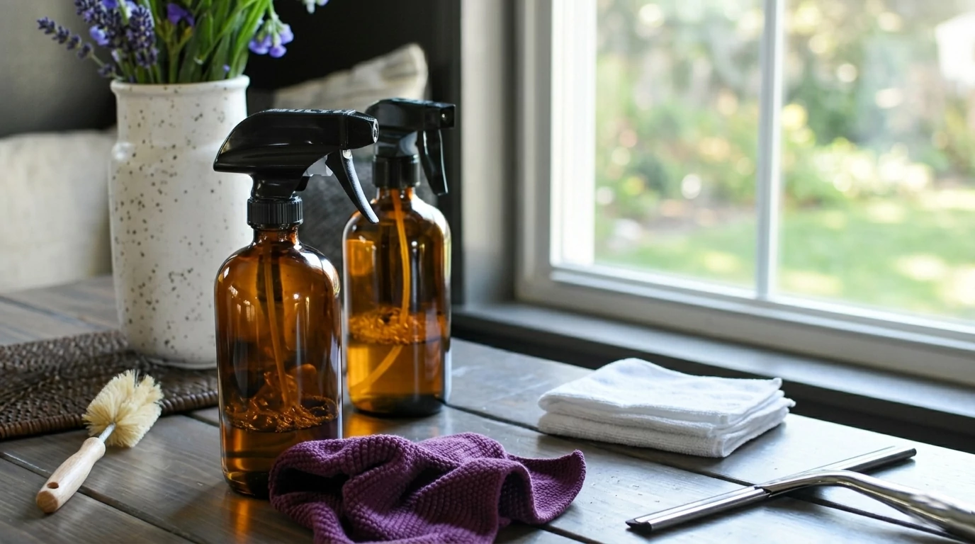 Zestaw do mycia okien bez smug: dwie bursztynowe butelki ze spryskiwaczem, ściereczki z mikrofibry i ściągaczka na drewnianym stole przy oknie